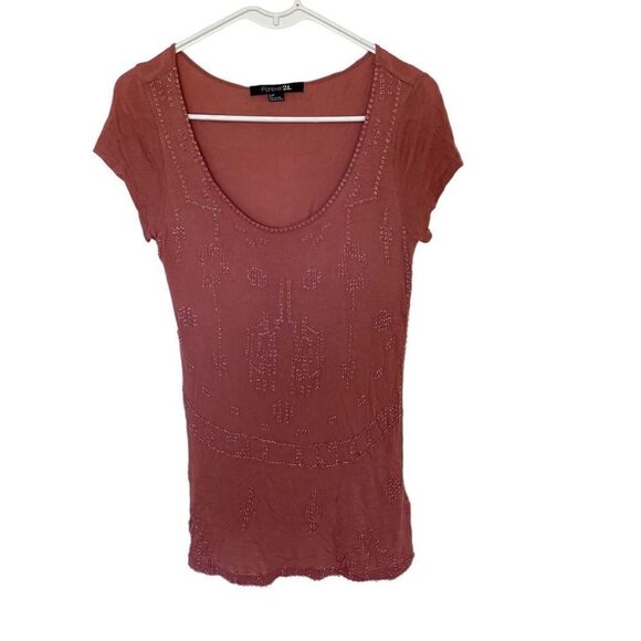 Forever21 pink scoop neck embellished short sleeve blouse small - Picture 1 of 6